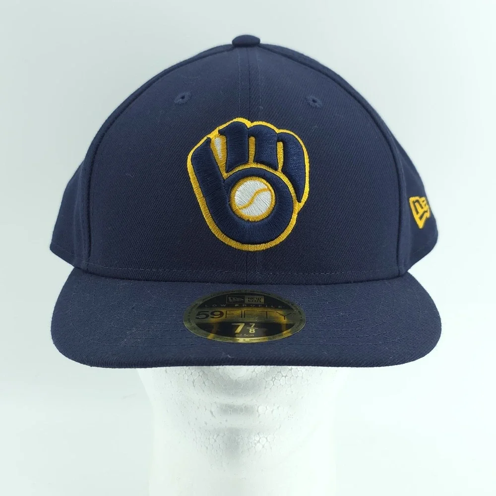 New Era 59Fifty Milwaukee Brewers Navy Blue Fitted  7‎ 7/8 Low Profile Hat NEW